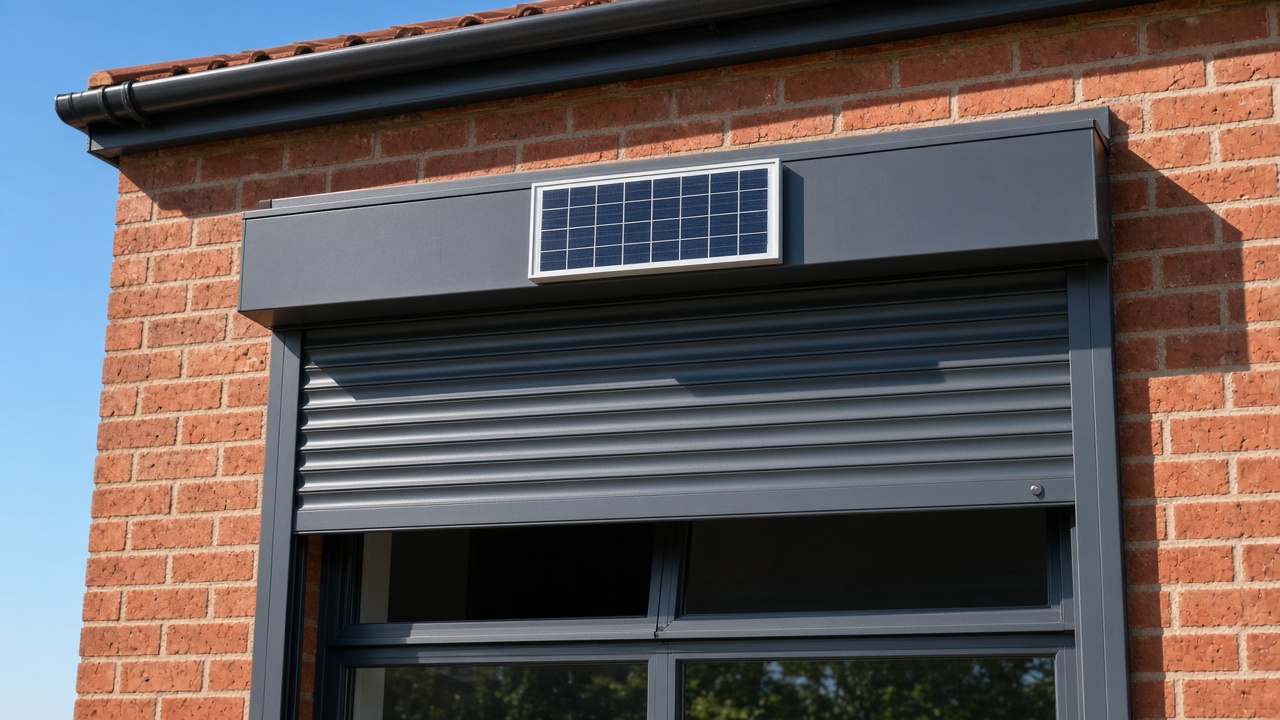 A small solar panel on the front of an anthracite roller shutter box, an anthracite roller shutter stopped halfway, on a red-brick rear extension, hard summer sun and a clear sky. Framed on one opening.