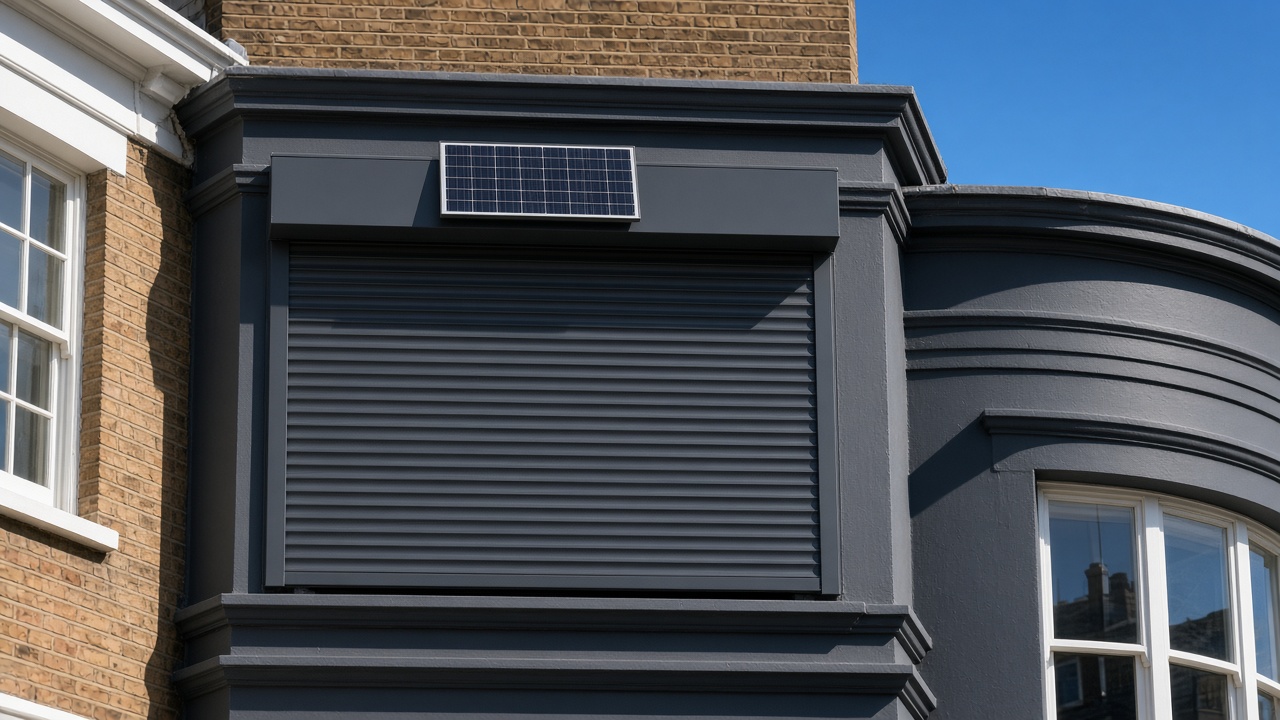 A small solar panel on the front of an anthracite roller shutter box, an anthracite roller shutter fully lowered, on a painted townhouse with a bay, hard summer sun and a clear sky. Framed on one opening.
