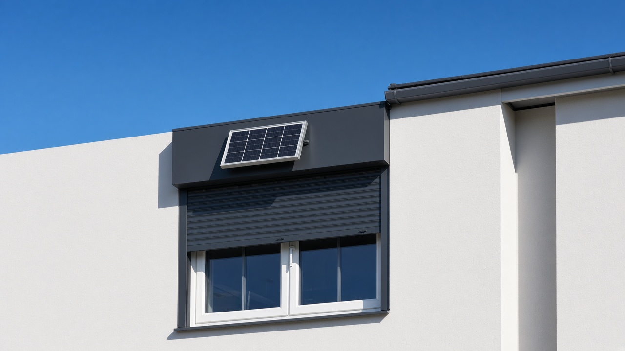 A small solar panel on the front of an anthracite roller shutter box, an anthracite roller shutter stopped halfway, on a white rendered new-build, hard summer sun and a clear sky. Framed on one opening.
