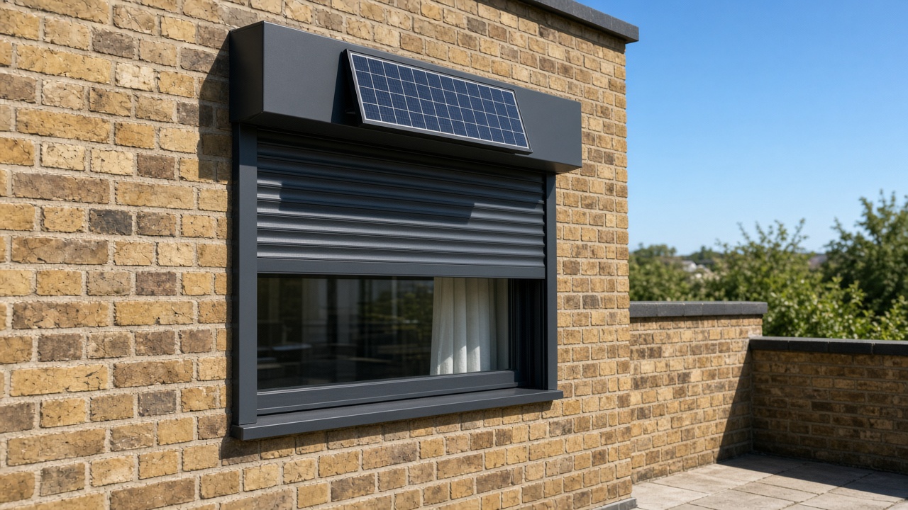 A small solar panel on the front of an anthracite roller shutter box, an anthracite roller shutter stopped halfway, on a yellow London stock brick terrace, hard summer sun and a clear sky. Framed on one opening.