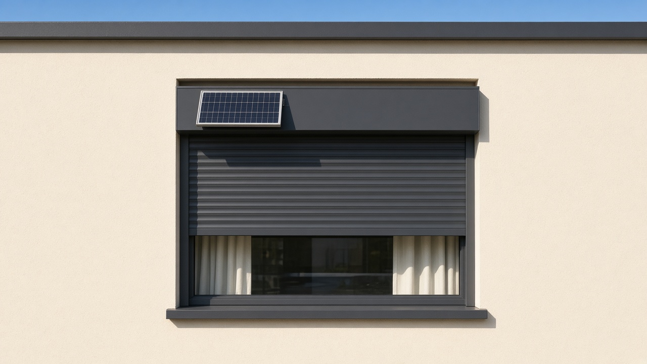 A small solar panel on the front of an anthracite roller shutter box, an anthracite roller shutter stopped halfway, on a cream bungalow, hard summer sun and a clear sky. Framed on one opening.