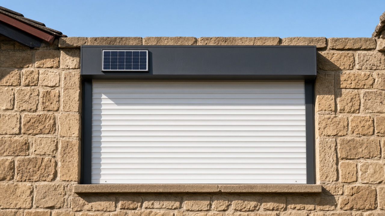 A small solar panel on the front of an anthracite roller shutter box, a white roller shutter fully lowered, on a sandstone cottage, hard summer sun and a clear sky. Framed on one opening.