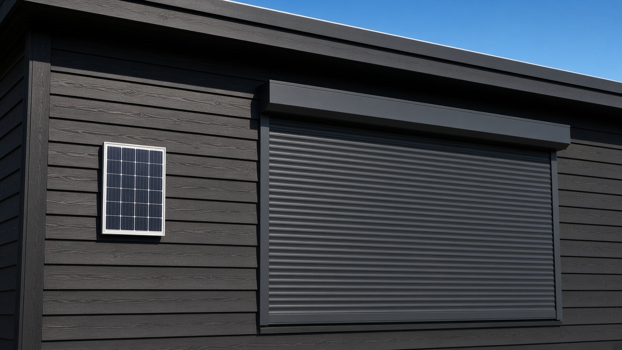 A small solar panel on the front of an anthracite roller shutter box, an anthracite roller shutter fully lowered, on a dark timber-clad house, hard summer sun and a clear sky. Framed on one opening.