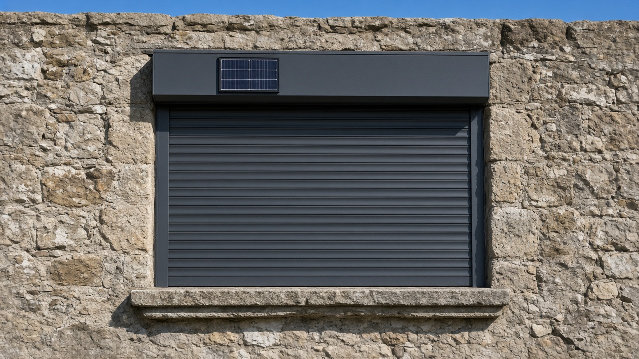A small solar panel on the front of an anthracite roller shutter box, an anthracite roller shutter fully lowered, on a stone farmhouse, hard summer sun and a clear sky. Framed on one opening.