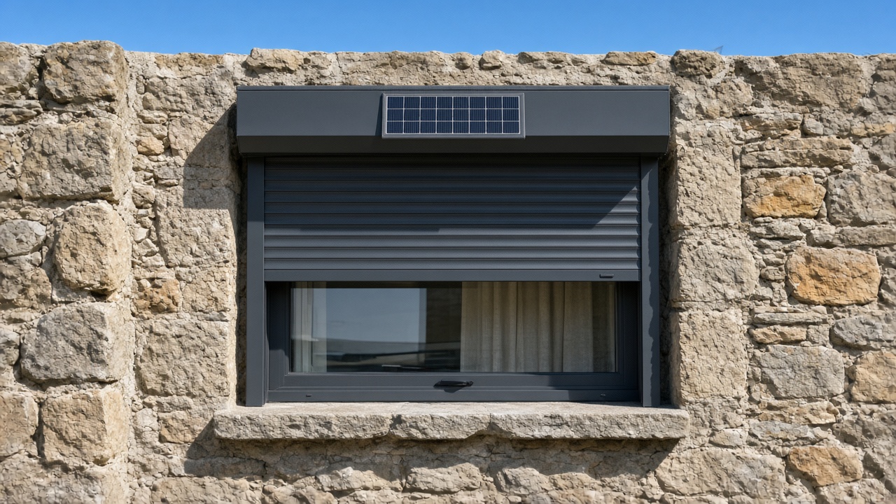 A small solar panel on the front of an anthracite roller shutter box, an anthracite roller shutter stopped halfway, on a stone farmhouse, hard summer sun and a clear sky. Framed on one opening.
