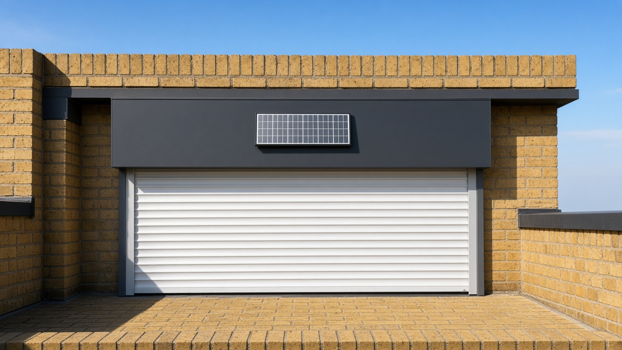 A small solar panel on the front of an anthracite roller shutter box, a white roller shutter fully lowered, on a yellow London stock brick terrace, hard summer sun and a clear sky. Framed on one opening.