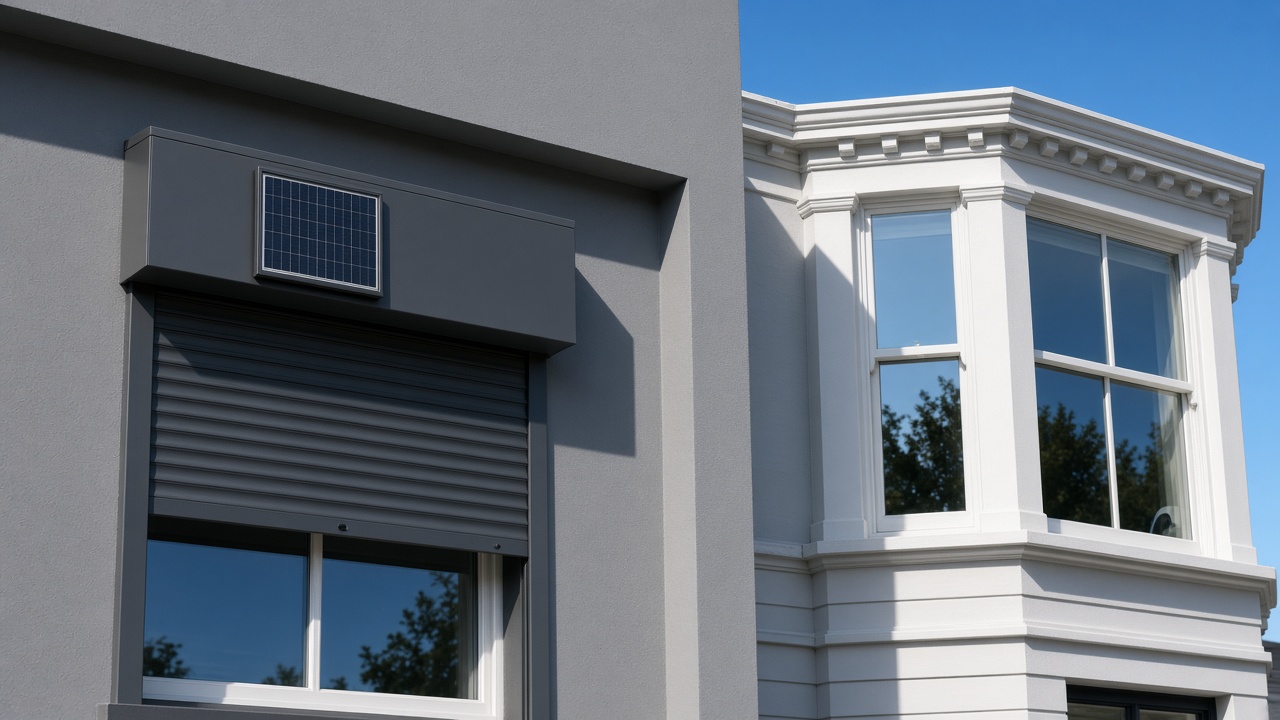 A small solar panel on the front of an anthracite roller shutter box, an anthracite roller shutter stopped halfway, on a painted townhouse with a bay, hard summer sun and a clear sky. Framed on one opening.
