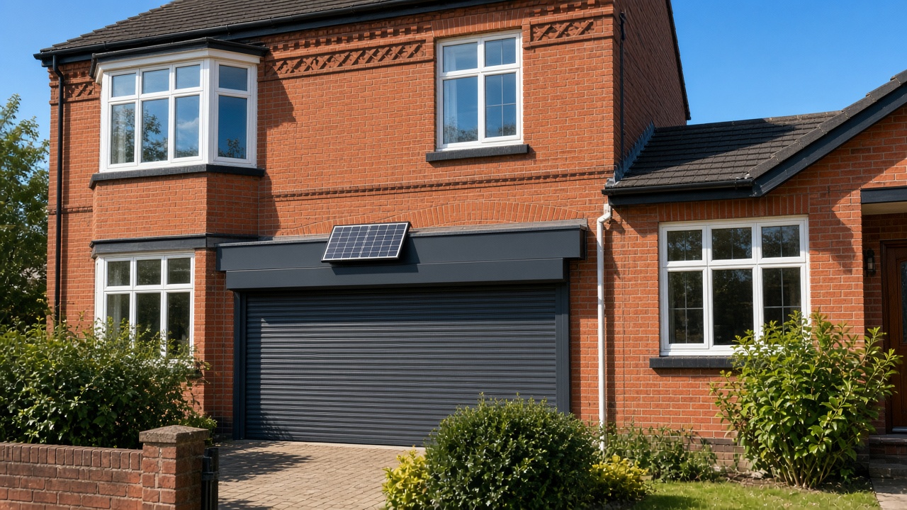 A small solar panel on the front of an anthracite roller shutter box, a dark grey roller shutter only a quarter down, with the box and side guides showing, on a 1930s red-brick semi, hard summer sun and a clear sky. Wide view of the whole elevation.