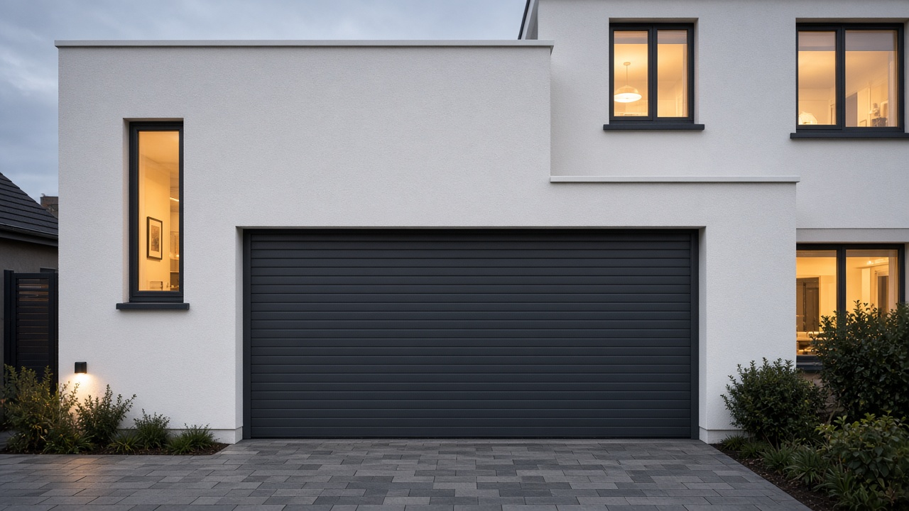 An anthracite roller shutter fully lowered on a white rendered new-build, dusk, with warm lights on inside. Wide view of the whole elevation.