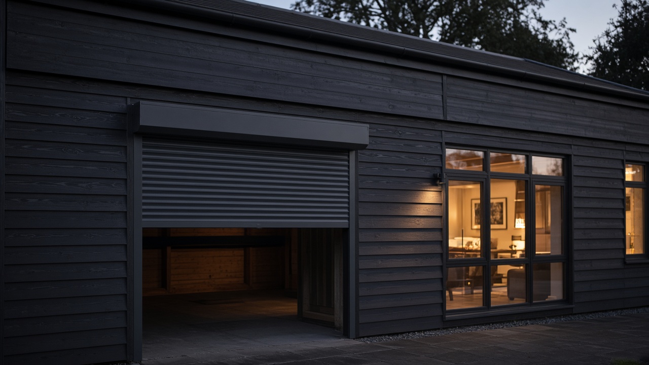 A dark grey roller shutter only a quarter down, with the box and side guides showing on a dark timber-clad house, dusk, with warm lights on inside. Wide view of the whole elevation.