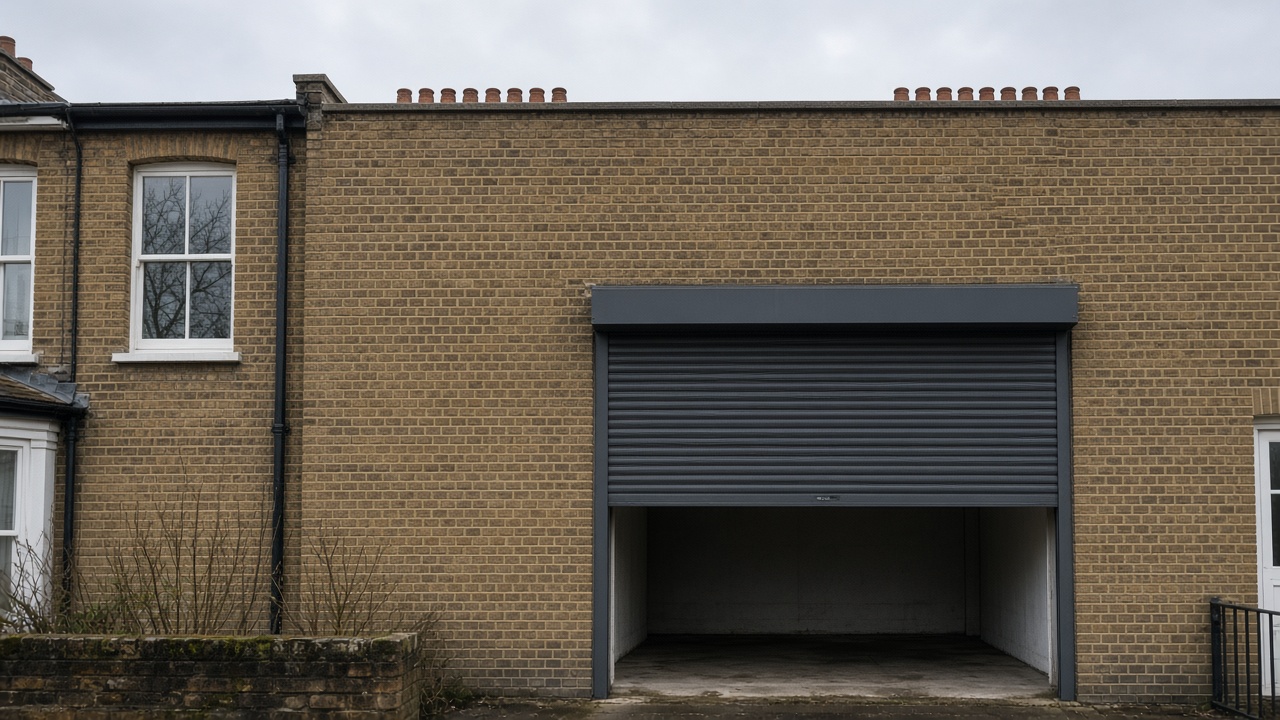 A dark grey roller shutter only a quarter down, with the box and side guides showing on a yellow London stock brick terrace, a flat winter sky. Wide view of the whole elevation.