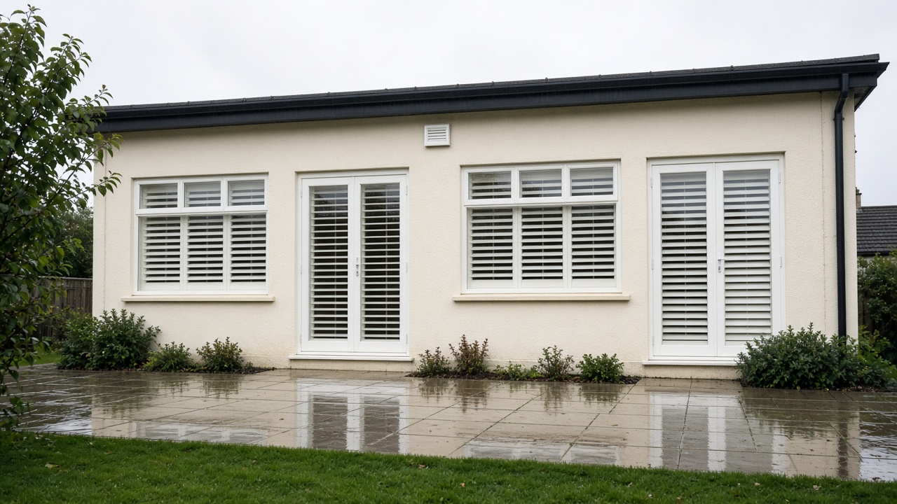 White wooden plantation shutters, louvres half tilted, inside a cream bungalow, just after rain, paving still wet. Wide view of the whole elevation.
