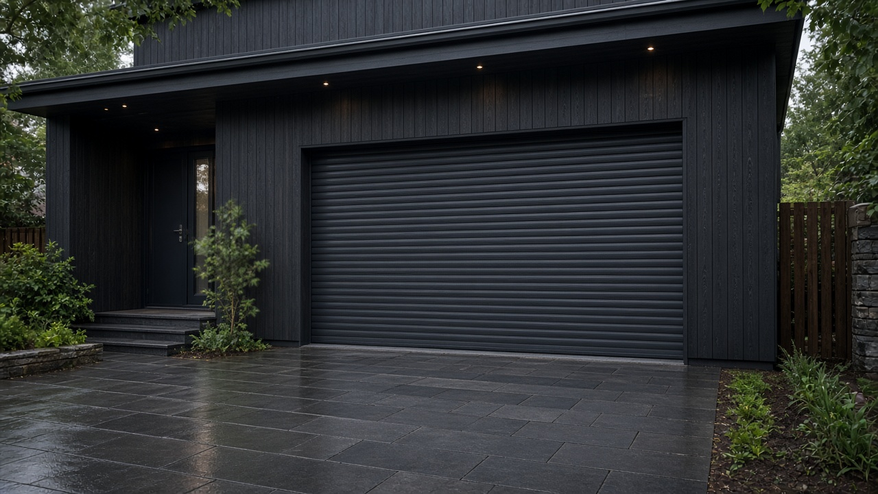 An anthracite roller shutter fully lowered on a dark timber-clad house, just after rain, paving still wet. Wide view of the whole elevation.