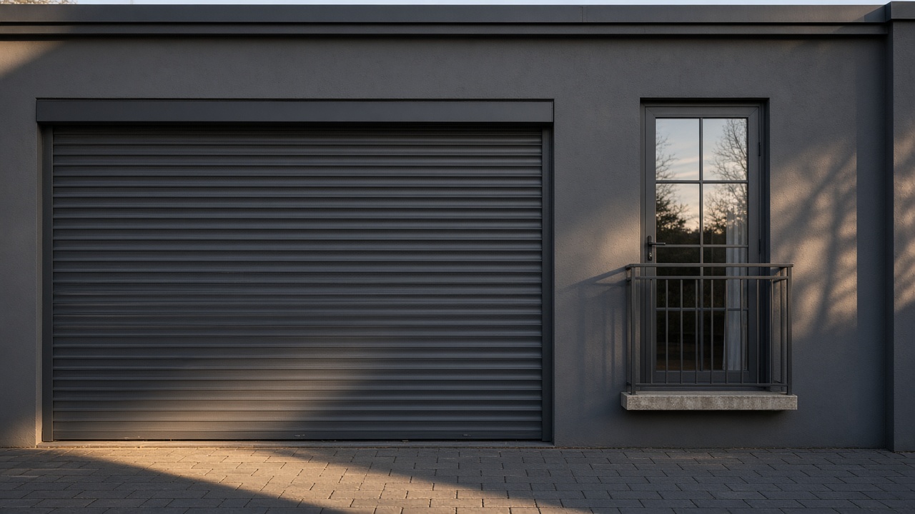 An anthracite roller shutter fully lowered on a flat with a glazed balcony door, late afternoon light and long shadows. Wide view of the whole elevation.