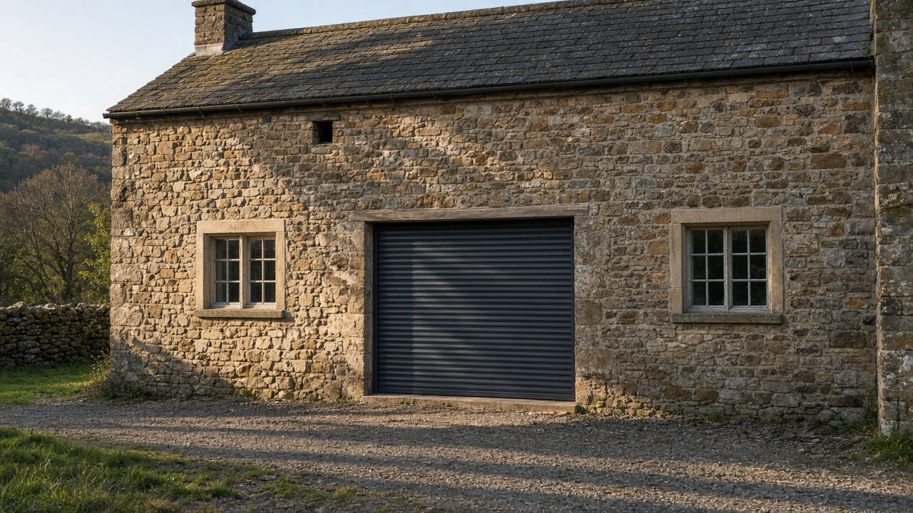 An anthracite roller shutter fully lowered on a stone farmhouse, late afternoon light and long shadows. Wide view of the whole elevation.