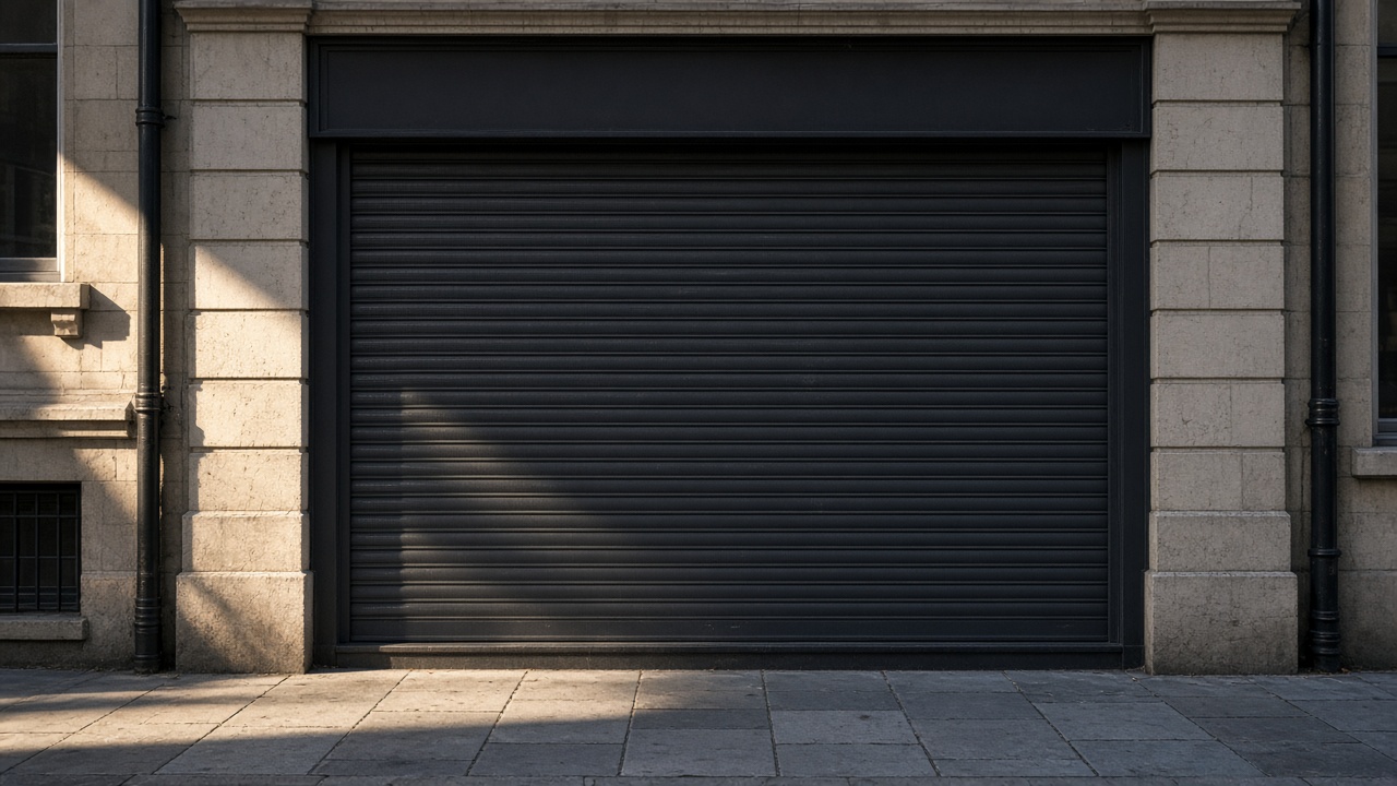 An anthracite roller shutter fully lowered on a small high-street shopfront, late afternoon light and long shadows. Wide view of the whole elevation.