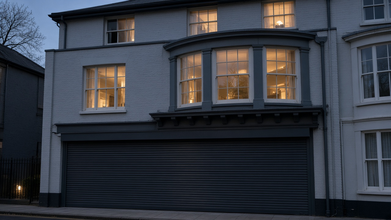 An anthracite roller shutter fully lowered on a painted townhouse with a bay, dusk, with warm lights on inside. Wide view of the whole elevation.