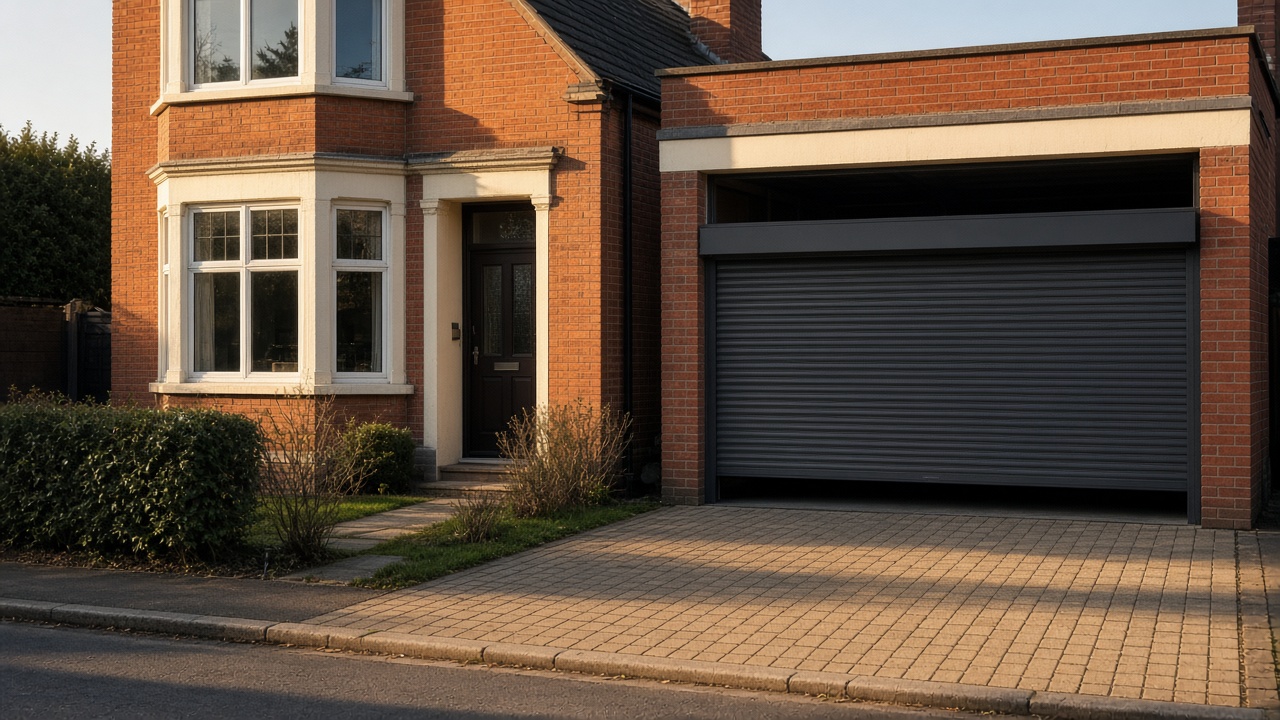 An anthracite roller shutter stopped halfway on a 1930s red-brick semi, late afternoon light and long shadows. Wide view of the whole elevation.