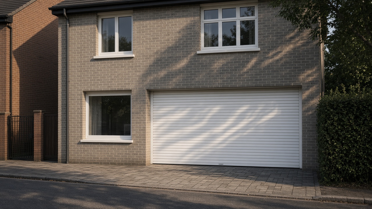 A white roller shutter fully lowered on a grey-brick semi, late afternoon light and long shadows. Wide view of the whole elevation.