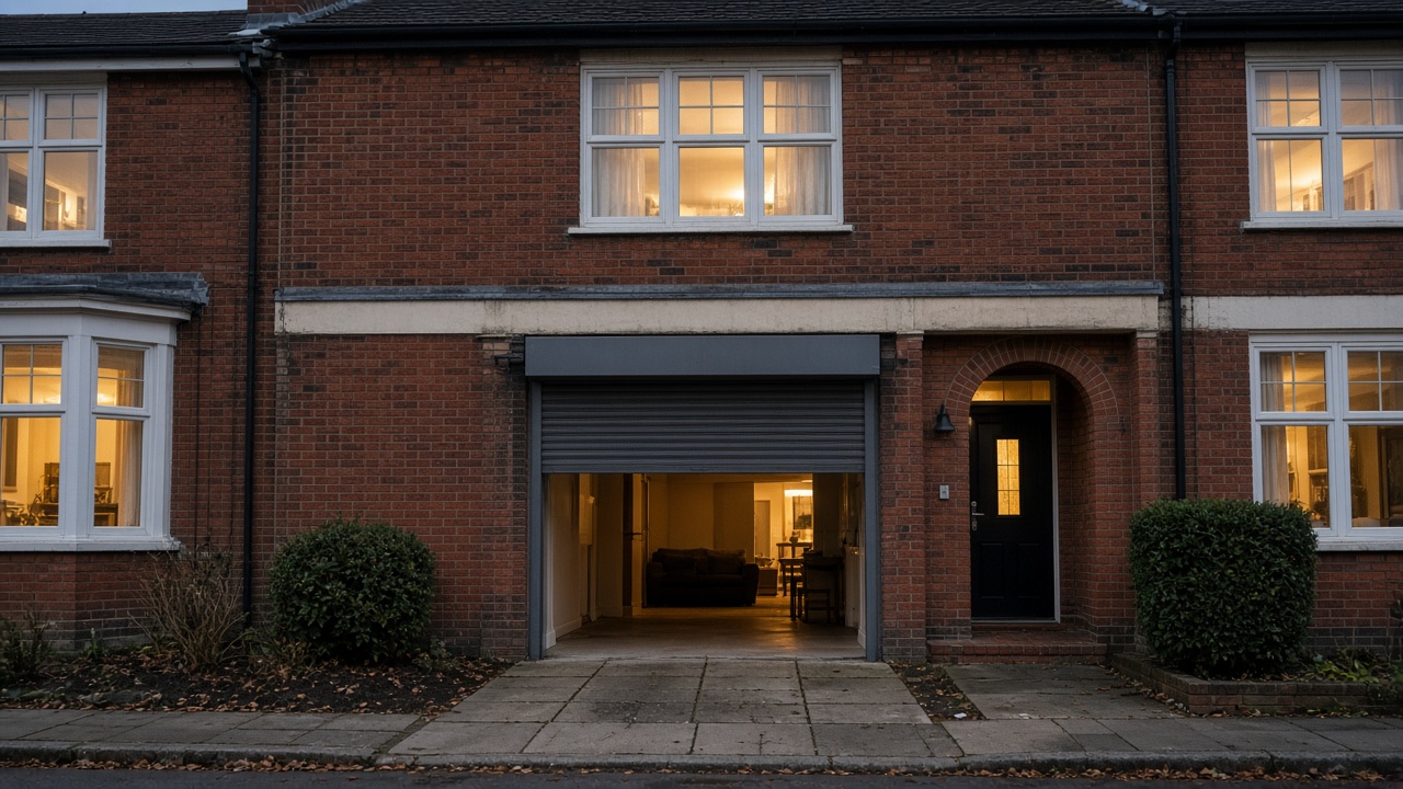 A dark grey roller shutter only a quarter down, with the box and side guides showing on a 1930s red-brick semi, dusk, with warm lights on inside. Wide view of the whole elevation.