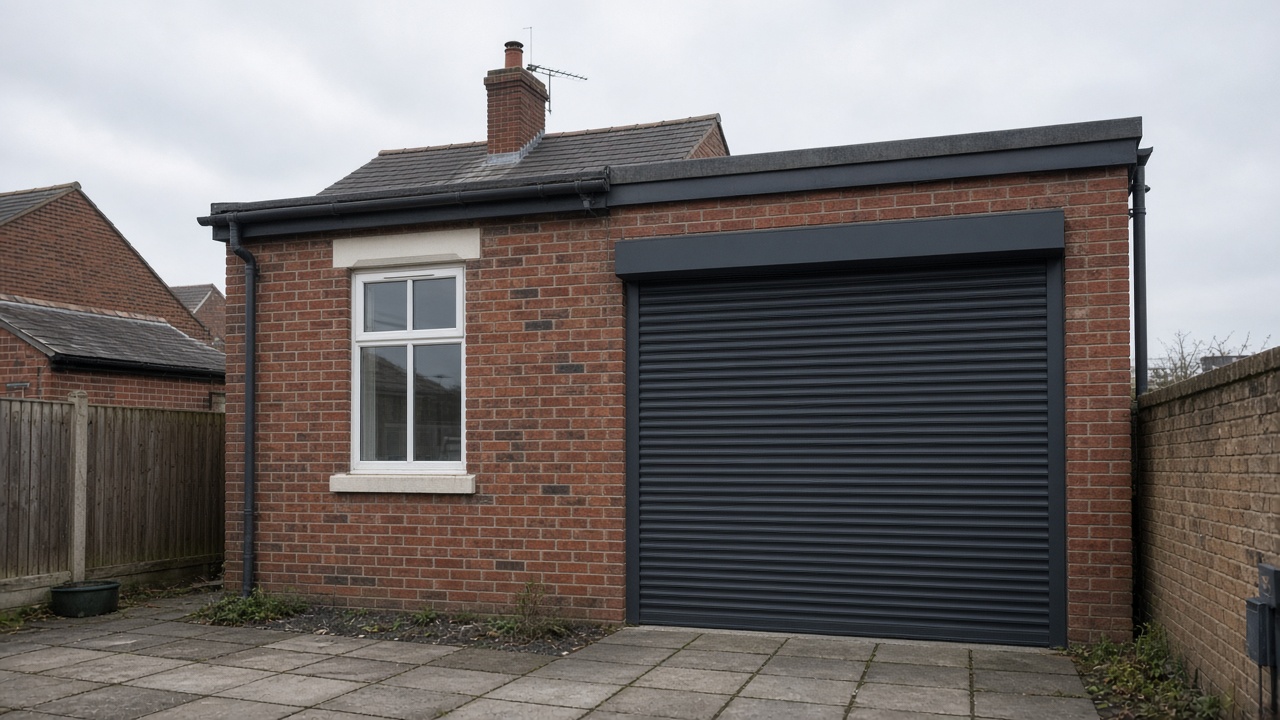 An anthracite roller shutter fully lowered on a red-brick rear extension, a flat winter sky. Wide view of the whole elevation.