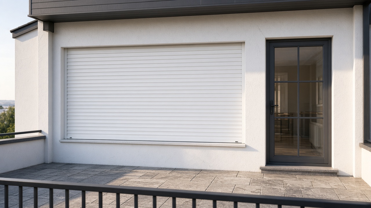 A white roller shutter fully lowered on a flat with a glazed balcony door, late afternoon light and long shadows. Wide view of the whole elevation.
