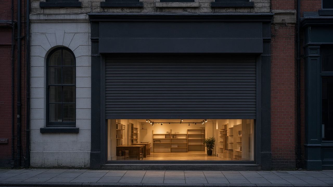 A dark grey roller shutter only a quarter down, with the box and side guides showing on a small high-street shopfront, dusk, with warm lights on inside. Wide view of the whole elevation.