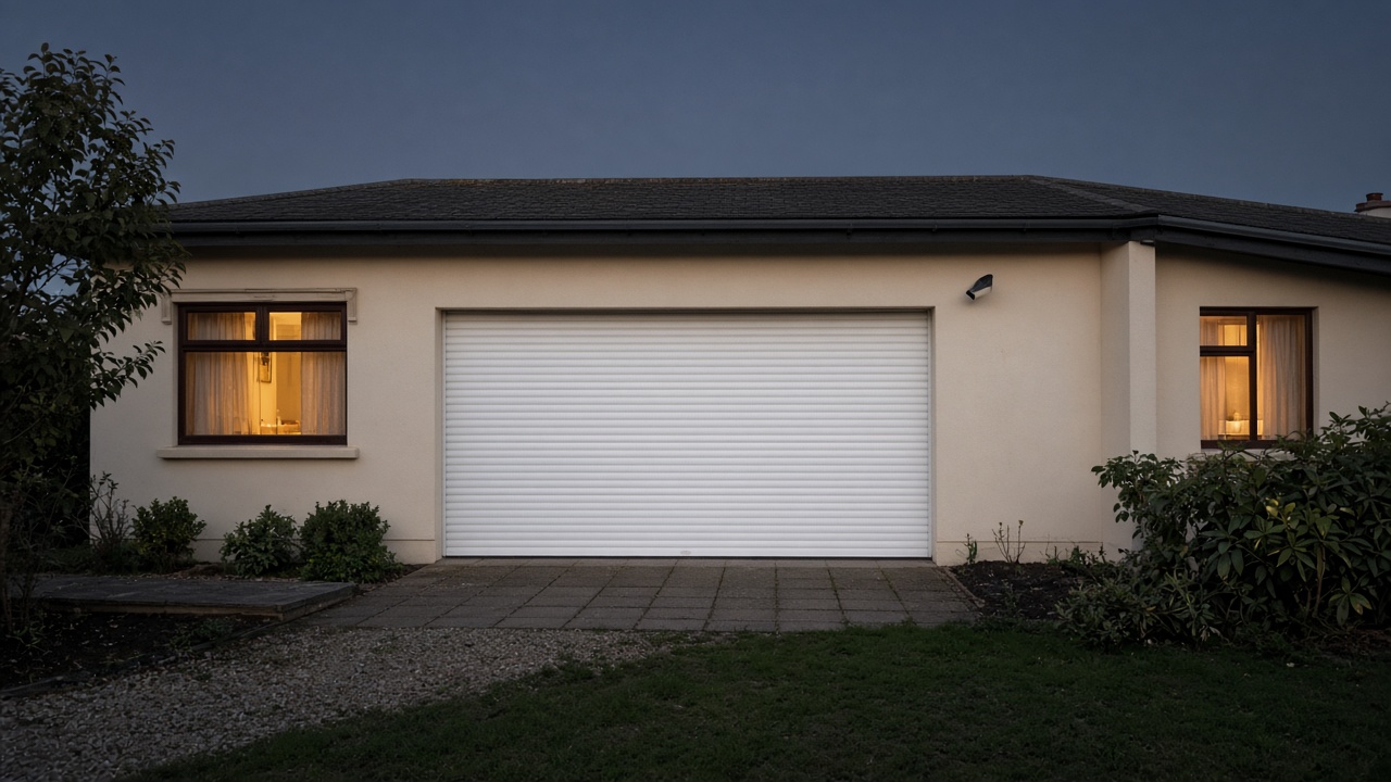 A white roller shutter fully lowered on a cream bungalow, dusk, with warm lights on inside. Wide view of the whole elevation.