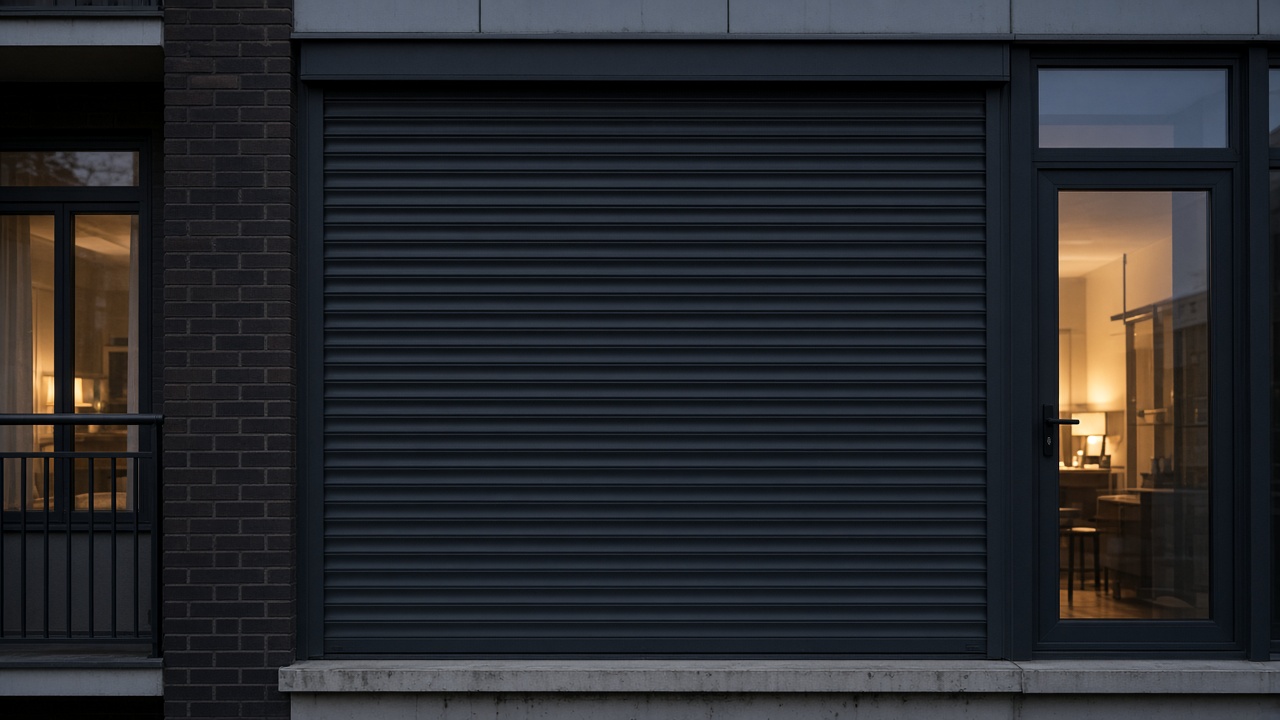 An anthracite roller shutter fully lowered on a flat with a glazed balcony door, dusk, with warm lights on inside. Wide view of the whole elevation.