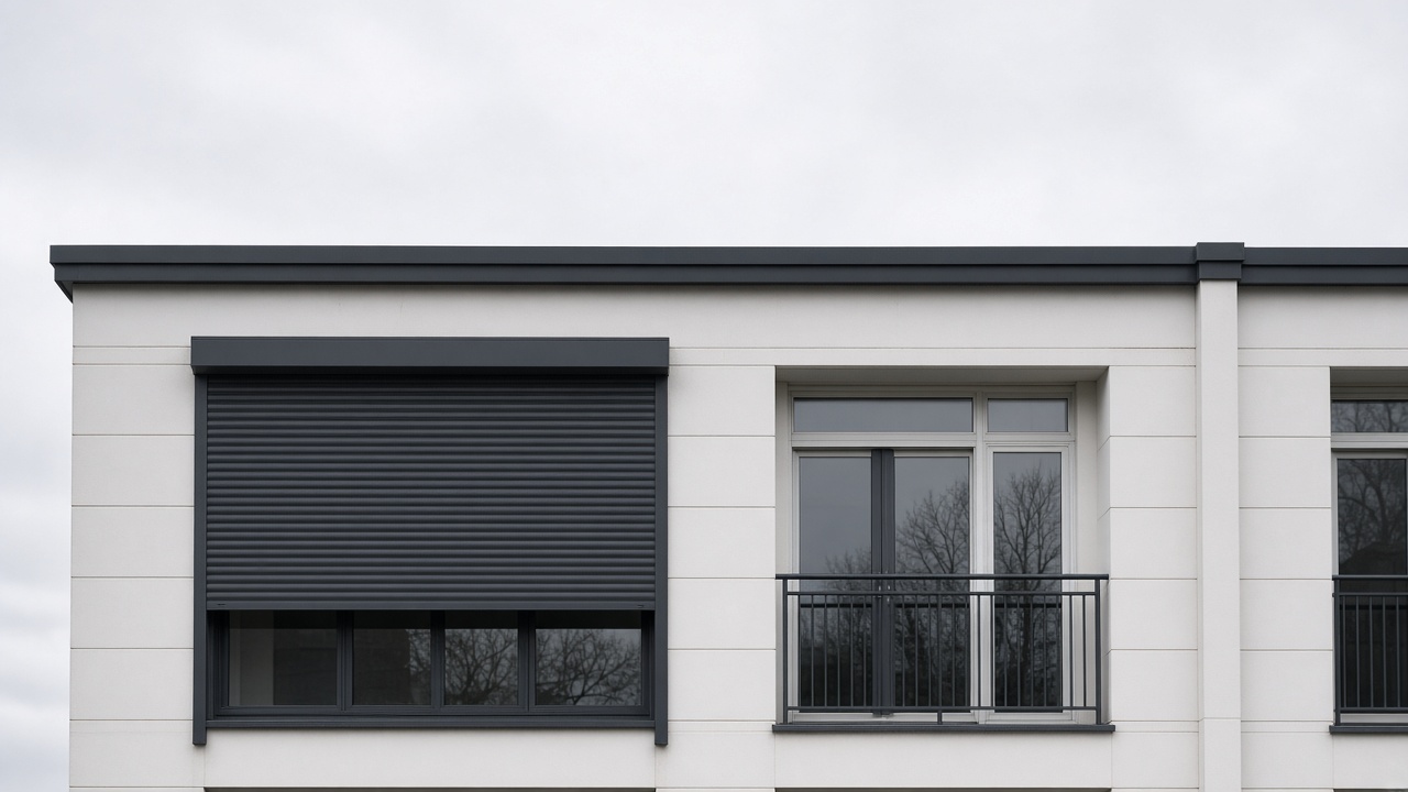 A dark grey roller shutter only a quarter down, with the box and side guides showing on a flat with a glazed balcony door, a flat winter sky. Wide view of the whole elevation.