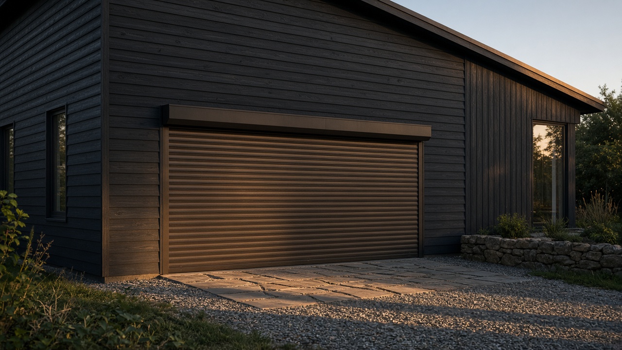 A bronze roller shutter nearly closed on a dark timber-clad house, late afternoon light and long shadows. Wide view of the whole elevation.