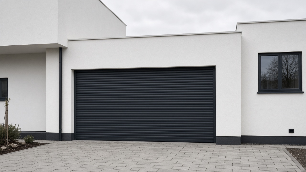 An anthracite roller shutter fully lowered on a white rendered new-build, a flat winter sky. Wide view of the whole elevation.