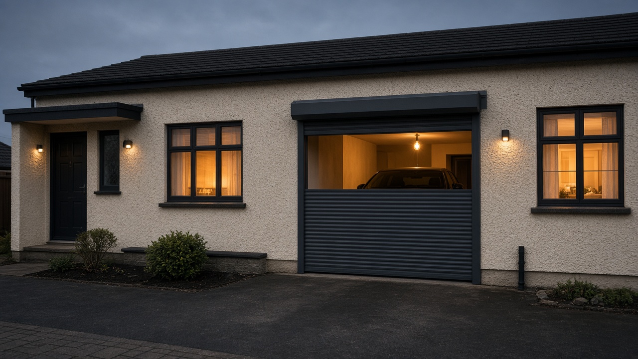 A dark grey roller shutter only a quarter down, with the box and side guides showing on a cream bungalow, dusk, with warm lights on inside. Wide view of the whole elevation.