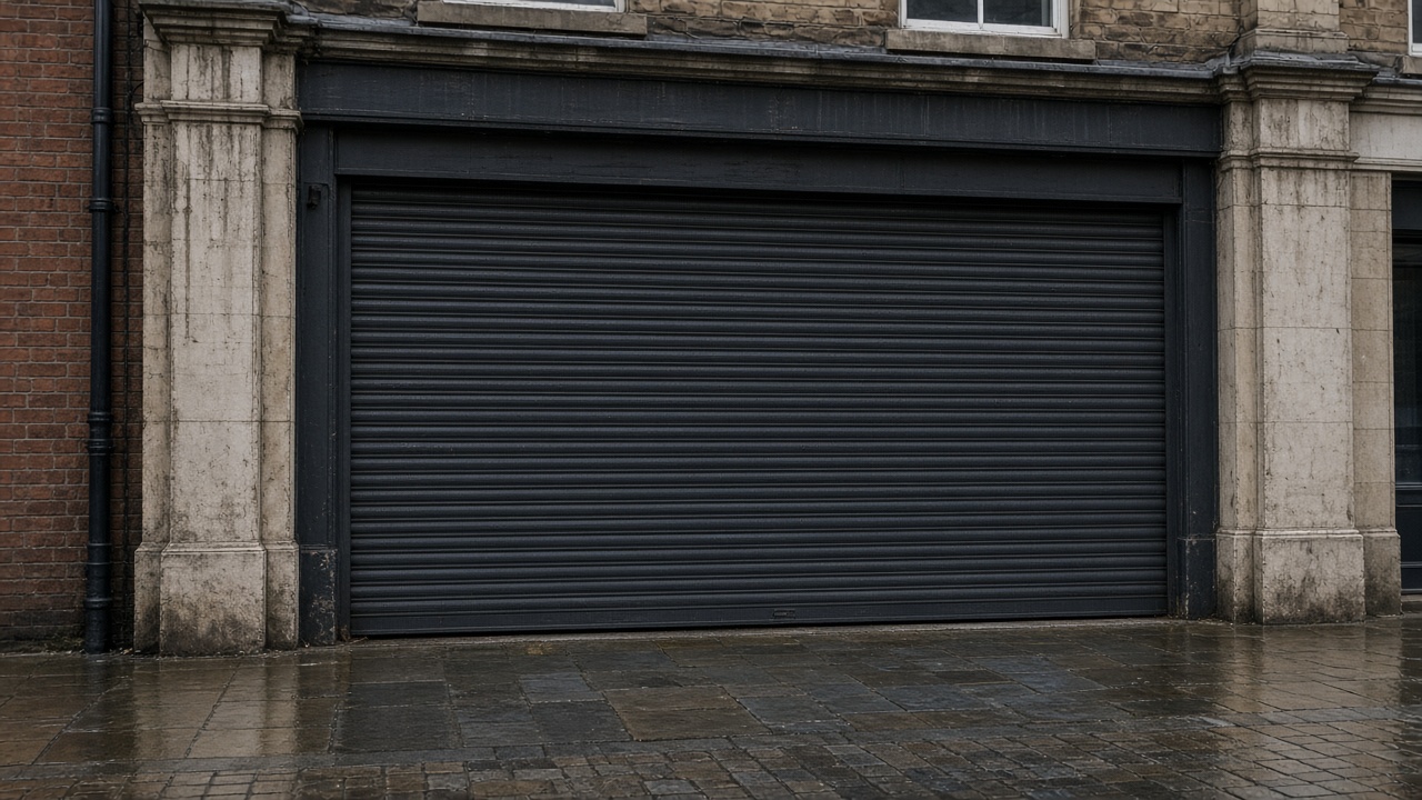 An anthracite roller shutter fully lowered on a small high-street shopfront, just after rain, paving still wet. Wide view of the whole elevation.