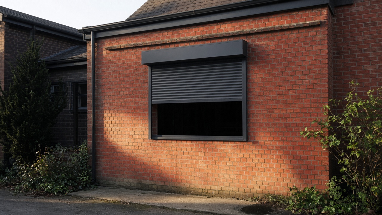 A dark grey roller shutter only a quarter down, with the box and side guides showing on a red-brick rear extension, late afternoon light and long shadows. Wide view of the whole elevation.