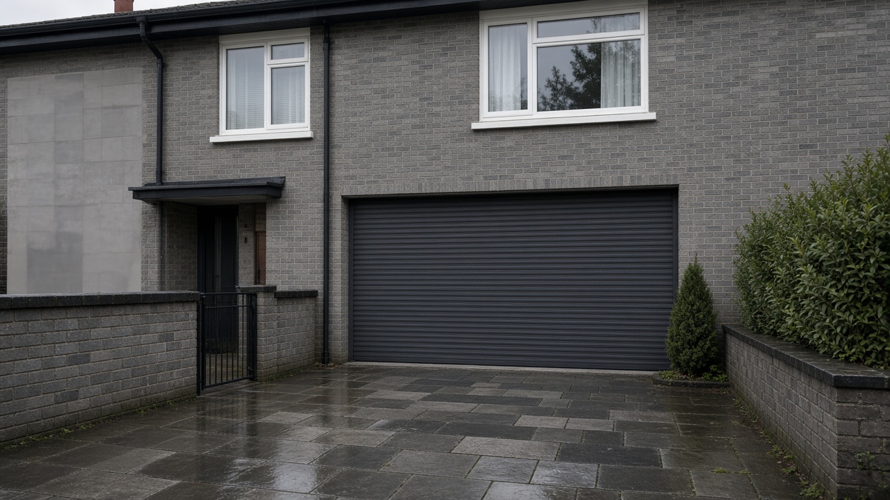 An anthracite roller shutter fully lowered on a grey-brick semi, just after rain, paving still wet. Wide view of the whole elevation.