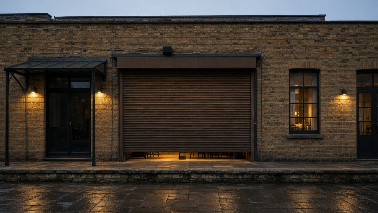 A bronze roller shutter nearly closed on a yellow London stock brick terrace, dusk, with warm lights on inside. Wide view of the whole elevation.