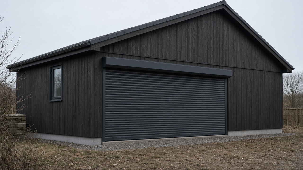 An anthracite roller shutter fully lowered on a dark timber-clad house, a flat winter sky. Wide view of the whole elevation.