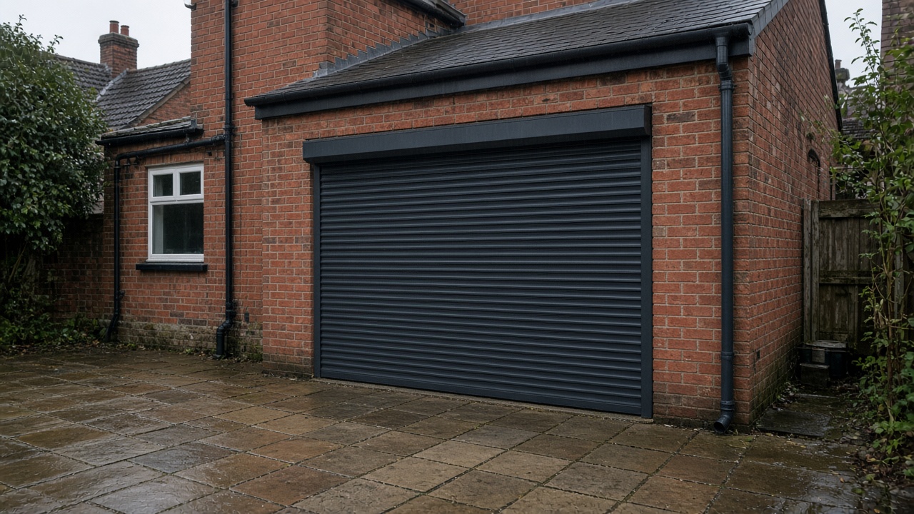 An anthracite roller shutter fully lowered on a red-brick rear extension, just after rain, paving still wet. Wide view of the whole elevation.