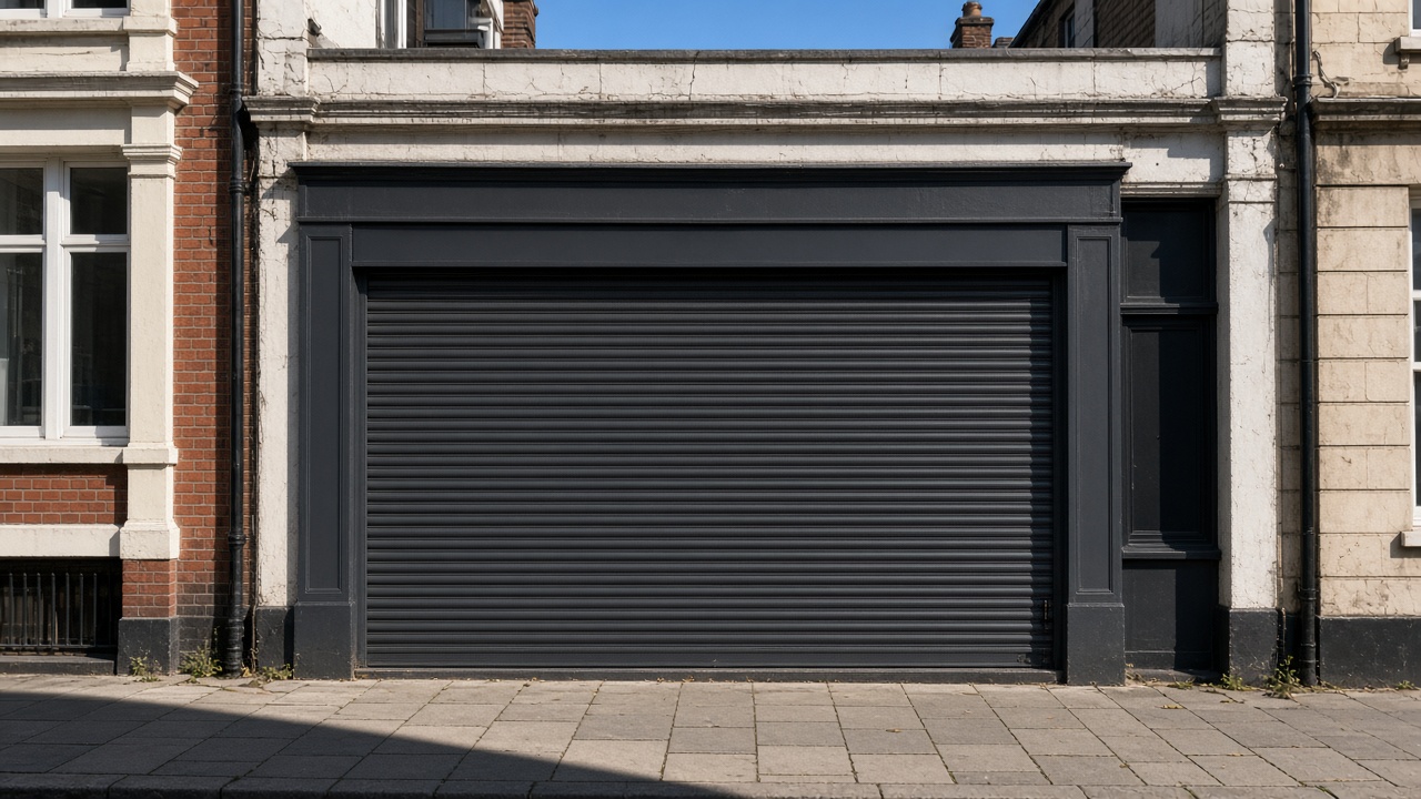 An anthracite roller shutter fully lowered on a small high-street shopfront, hard summer sun and a clear sky. Wide view of the whole elevation.