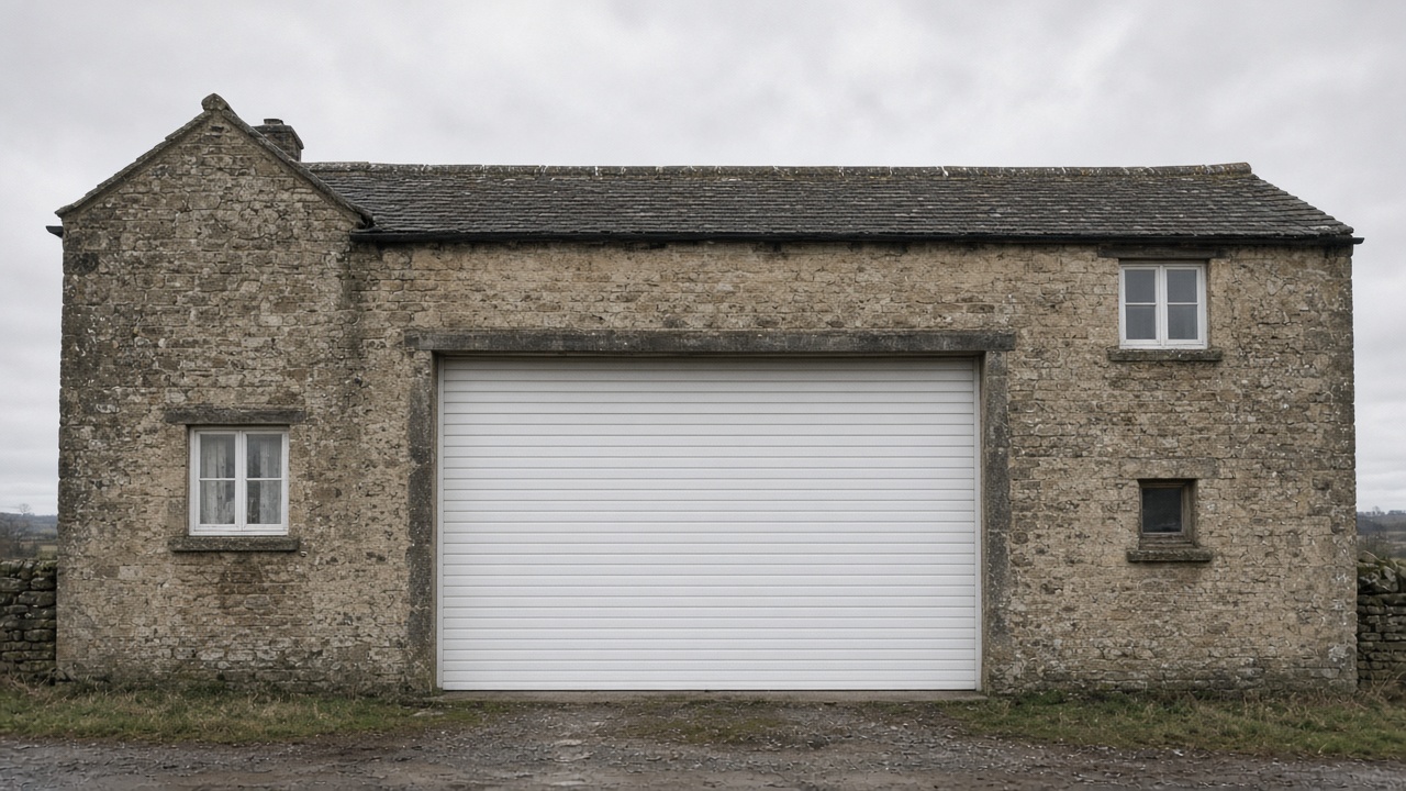 A white roller shutter fully lowered on a stone farmhouse, a flat winter sky. Wide view of the whole elevation.