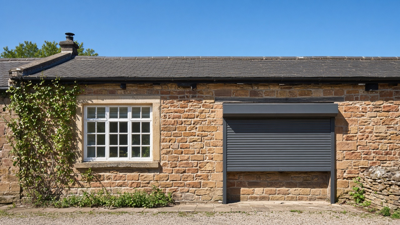 A dark grey roller shutter only a quarter down, with the box and side guides showing on a sandstone cottage, hard summer sun and a clear sky. Wide view of the whole elevation.