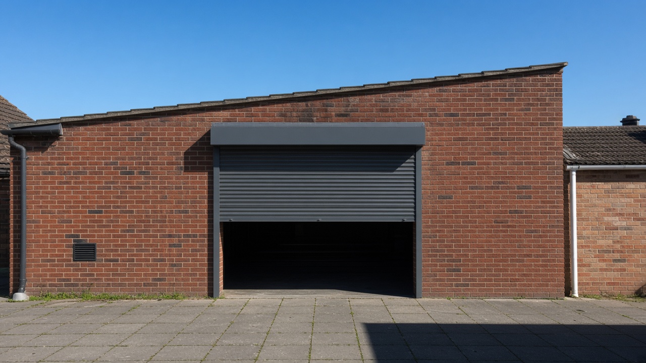 A dark grey roller shutter only a quarter down, with the box and side guides showing on a red-brick rear extension, hard summer sun and a clear sky. Wide view of the whole elevation.