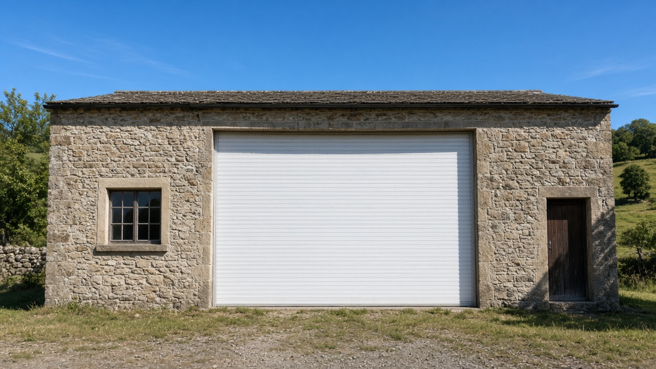 A white roller shutter fully lowered on a stone farmhouse, hard summer sun and a clear sky. Wide view of the whole elevation.