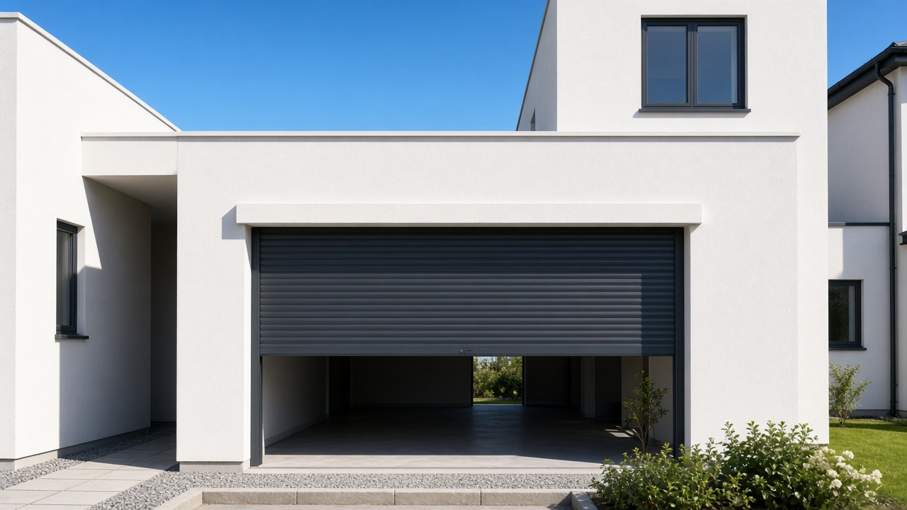 An anthracite roller shutter stopped halfway on a white rendered new-build, hard summer sun and a clear sky. Wide view of the whole elevation.