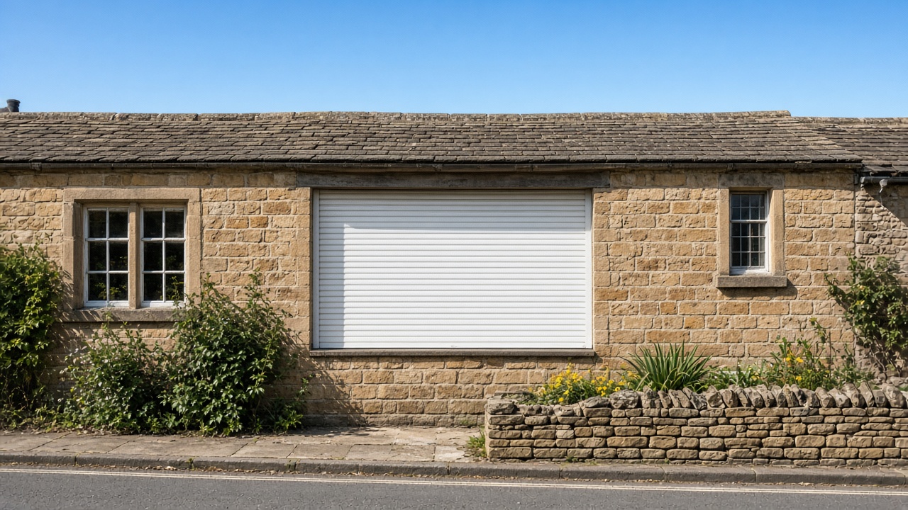 A white roller shutter fully lowered on a sandstone cottage, hard summer sun and a clear sky. Wide view of the whole elevation.