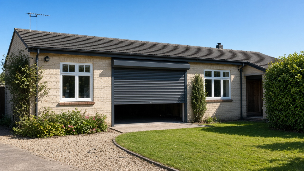 An anthracite roller shutter stopped halfway on a cream bungalow, hard summer sun and a clear sky. Wide view of the whole elevation.