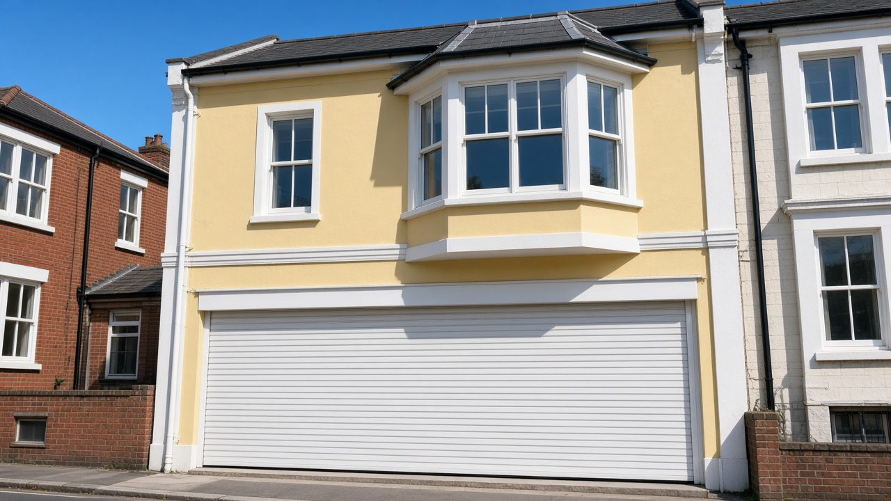 A white roller shutter fully lowered on a painted townhouse with a bay, hard summer sun and a clear sky. Wide view of the whole elevation.
