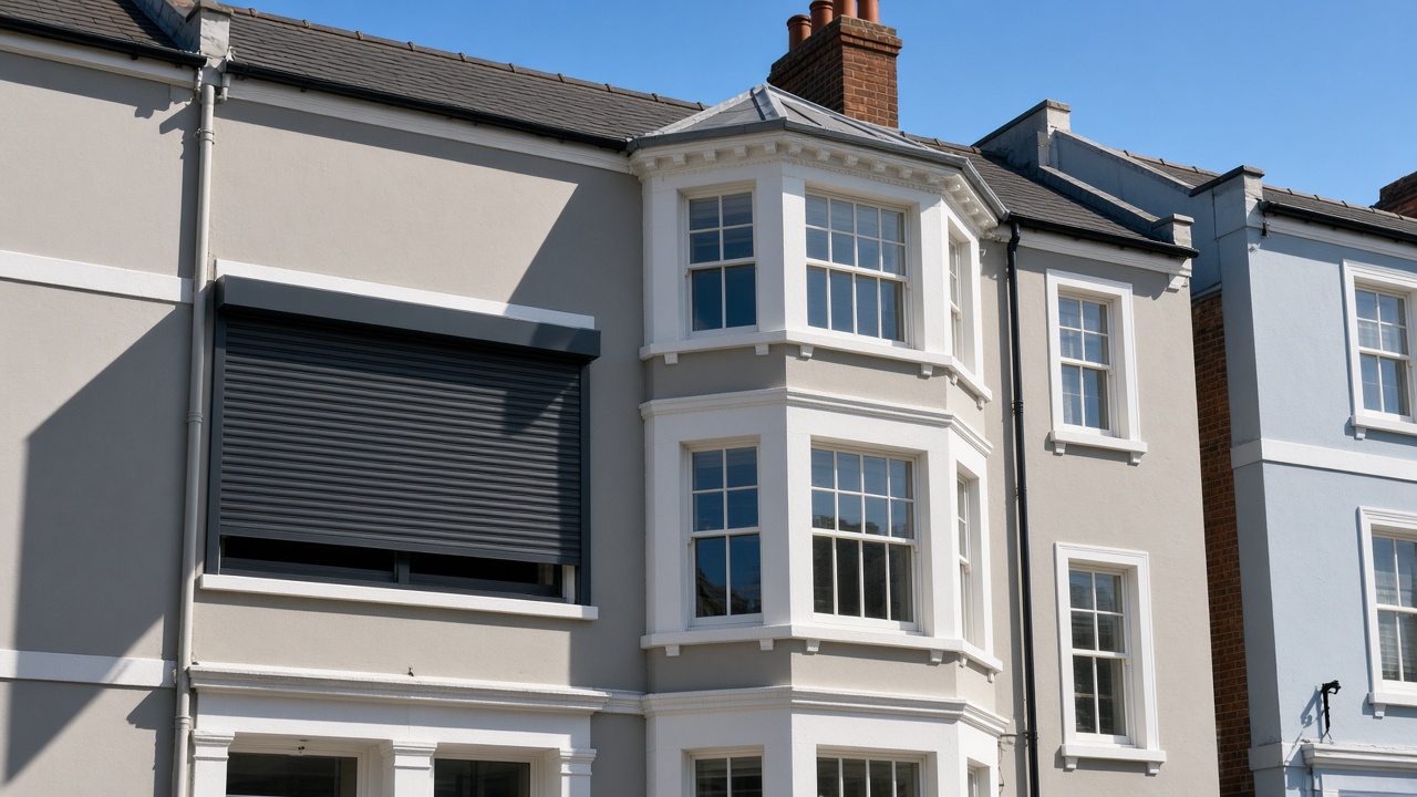 An anthracite roller shutter stopped halfway on a painted townhouse with a bay, hard summer sun and a clear sky. Wide view of the whole elevation.