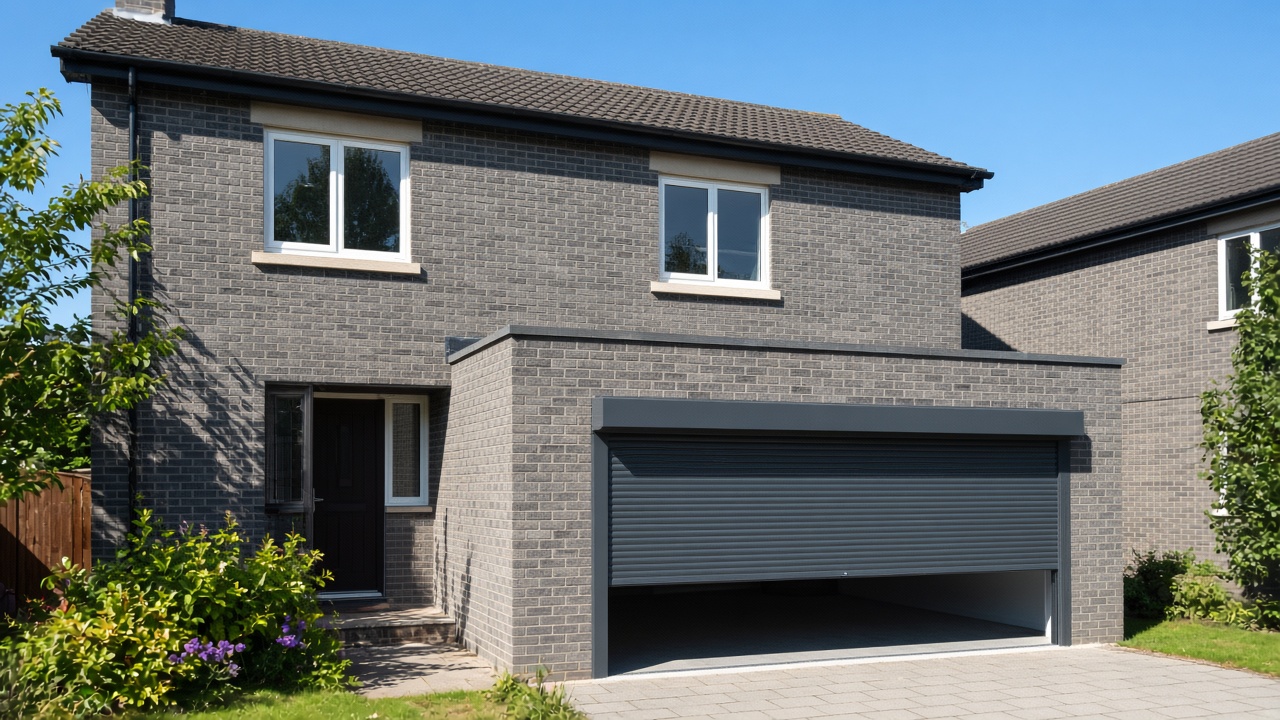 A dark grey roller shutter only a quarter down, with the box and side guides showing on a grey-brick semi, hard summer sun and a clear sky. Wide view of the whole elevation.